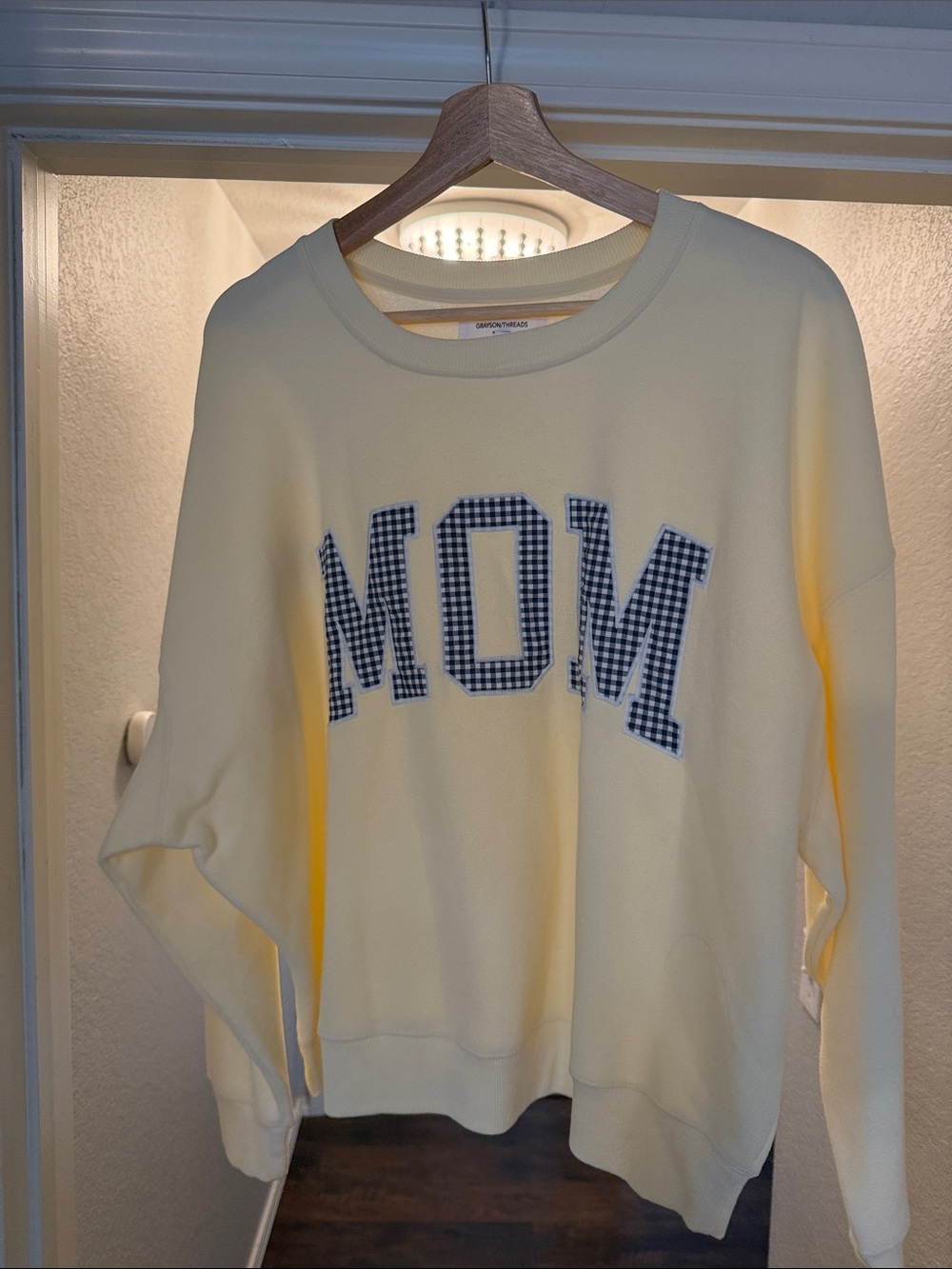 Grayson Threads Cream Sweatshirt with Navy Gingham MOM Appliqué